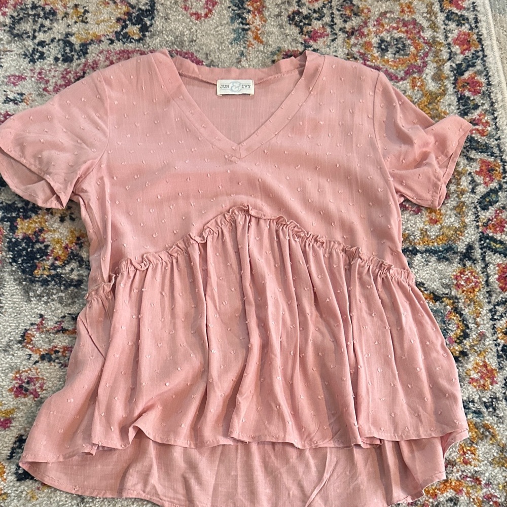Chic Pink Ruffled V-Neck Blouse